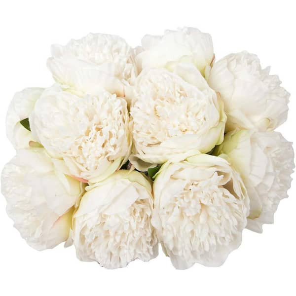 2-Bouquet 10-Heads White Artificial Peony Silk Flower and Leaf Home Office with Wedding, Party, Festival Bar Decor