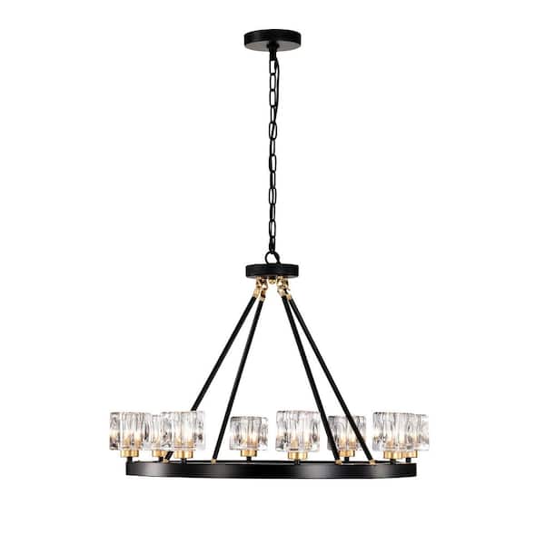 PUDO 27.01 in. 8-Light Luxury Black Wagon Wheel Chandelier Light with Crystal Shade