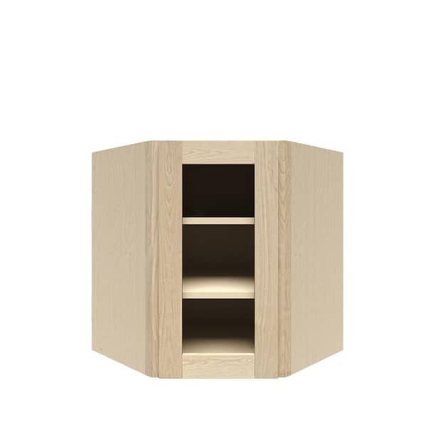 LIFEART CABINETRY Lancaster Shaker Assembled 24 in. x 30 in. x 12 in. Wall Diagonal Corner Cabinet with 1 Mullion Door in Natural Wood