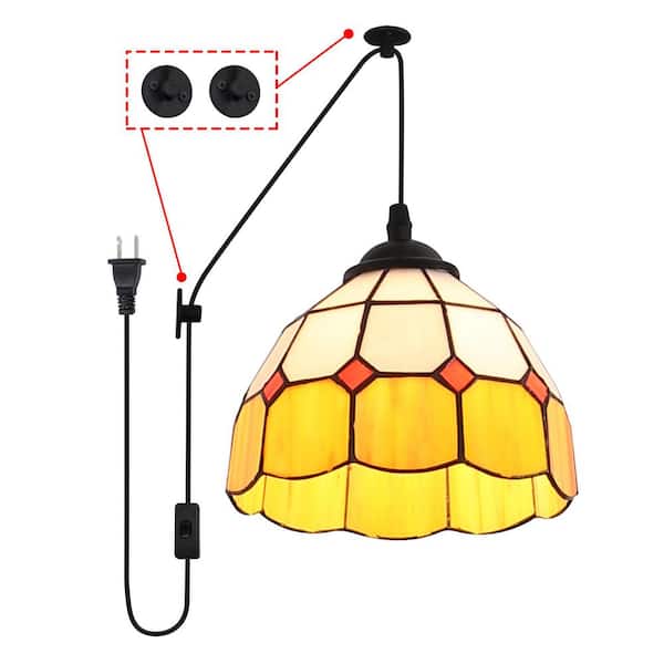 Modern 7.8 in Tiffany Yellow Glass Style Hanging Pendant Lighting, Adjustable Plug in Chandelier for Living Room