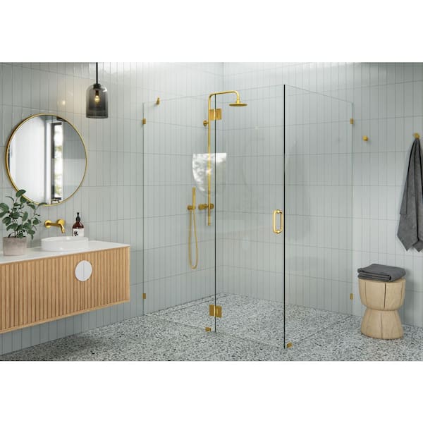 Glass Warehouse 59 in. W x 48 in. D x 78 in. H Pivot Frameless Corner Shower Enclosure in Satin Brass Finish with Clear Glass