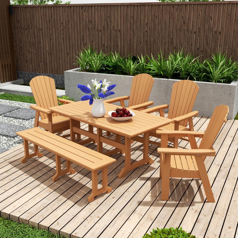 Teak Beige 6-Piece Rectangular Outdoor Dining Set with Bench