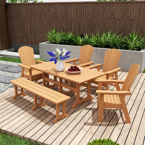 Altura Outdoor Patio Weather Resistant 6-Piece HDPE Plastic Teak Rectangle Adirondack Dining Set With Bench