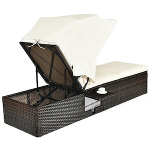 Wicker Rattan Chaise Lounge Cushioned Chair with Adjustable Canopy Patio with White Cushion