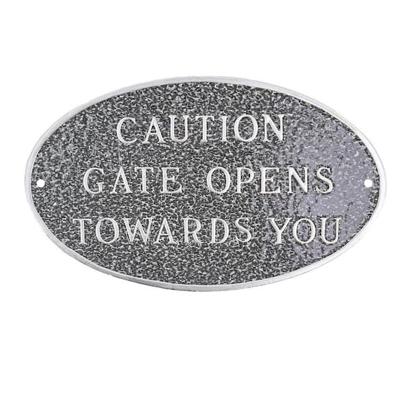Montague Metal Products 6 in. x 10 in. Small Oval Caution Gate Opens Towards You Statement Plaque Sign - Swedish Iron