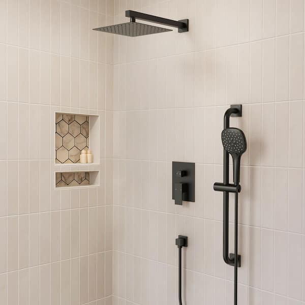 Single-Handle Rain 2-Spray Square Wall Mount 10 in. Dual Shower Head Fixed and Handheld Shower Head 2.5 and 1.8 GPM