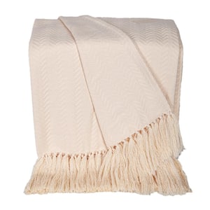 Premium Cream Color Cotton Throw for Sofa and Living Space with Tassels