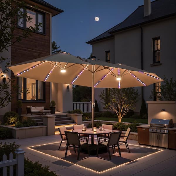 Wigler Double Top 14.5 ft. Steel Cantilever Outdoor Patio Umbrella with Base and LED Smart Strips in Khaki