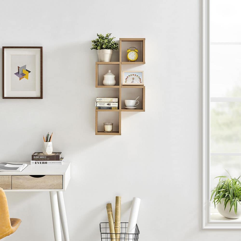 Chestnut Light Wood Floating Wall Shelf with Cubby Holes