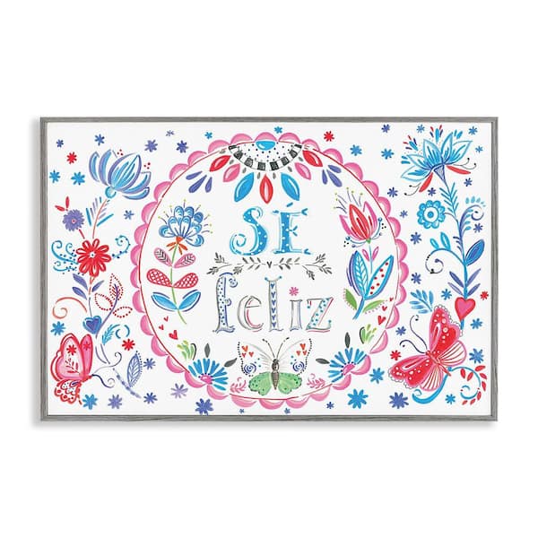 Stupell Industries Be Happy Floral Butterflies by SD Graphics Studio Gray Framed Typography Giclee Art Print 20 in. x 30 in.