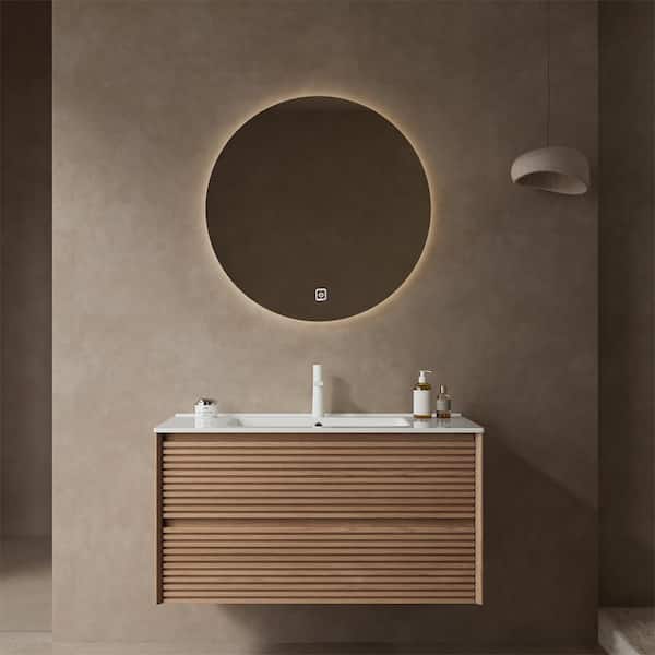Nivencai 36 in. Floating Walnut Bath Vanity with White Ceramic Top and White Ceramic Basin, Sink Hole Cover and Drain