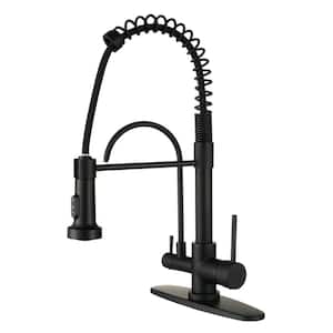 Double-Handles Pull Down Sprayer Kitchen Faucet with Drinking Water Filter in Solid Brass in Matte Black