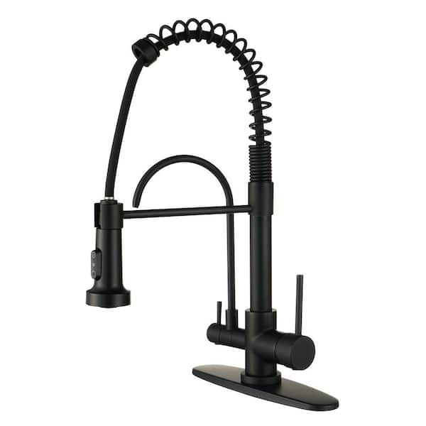 WOWOW Double-Handles Pull Down Sprayer Kitchen Faucet with Drinking Water Filter in Solid Brass in Matte Black