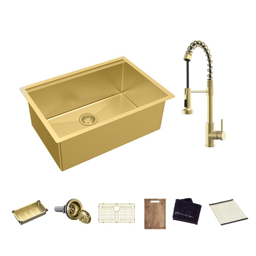 30 in. Undermount Single Bowl 18-Gauge Gold Stainless Steel Workstation Kitchen Sink with Spring Neck Faucet -  Glacier Bay, 4531FG-1