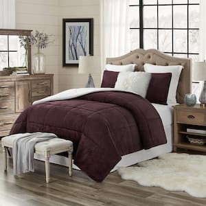 Premium Ultra-Soft 3-Piece Wine Faux Fur Reverse to Sherpa Full/Queen Comforter and Sham Set