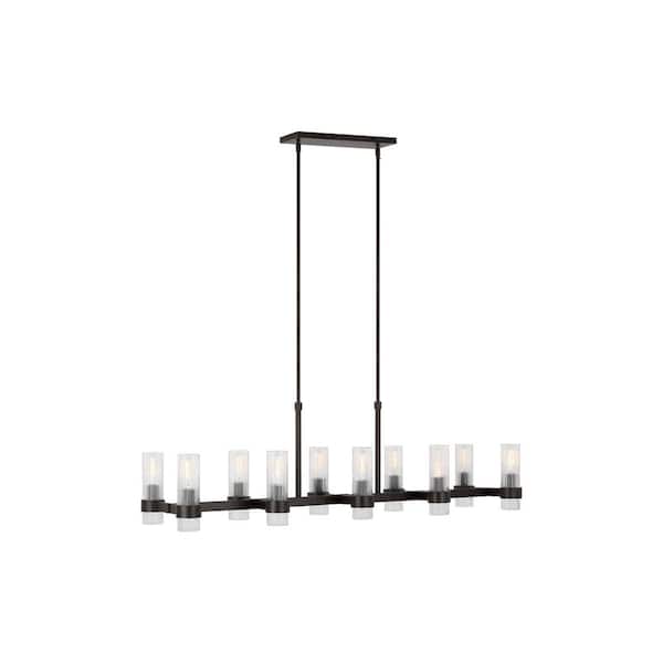 Generation Lighting Geneva 50 in. W x 8.875 in. H 10-Light Aged Iron Mid-Century Indoor Dimmable Linear Chandelier with Clear Glass Shades