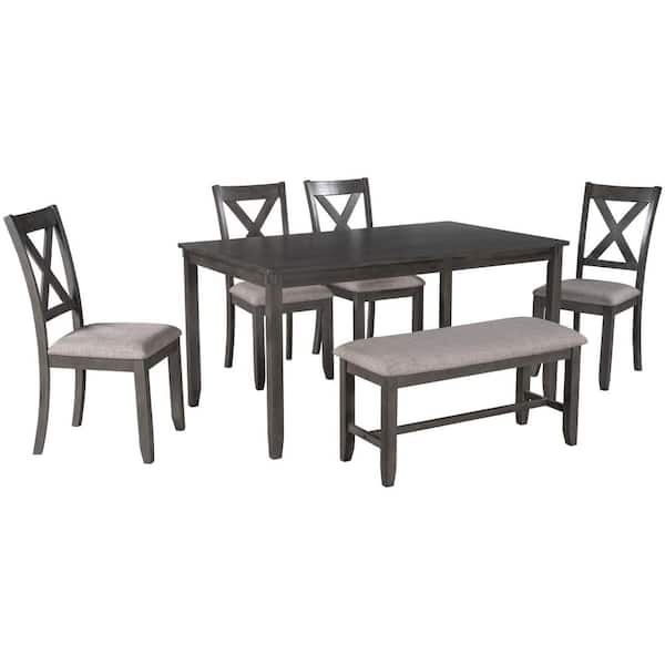 Unbranded 6-Piece Retro Farmhouse Rectangle Gray Wood Top Kitchen Dining Table Set