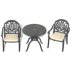 Elizabeth Black 3-Piece Cast Aluminum Outdoor Dining Set with 31.5 in. Round Table and Random Color Seat Cushions