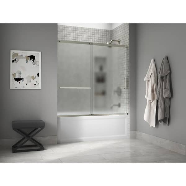 KOHLER Elate 56-60 in. W x 57 in. H Sliding Frameless Tub Door in Anodized Matte Nickel with Frosted Glass