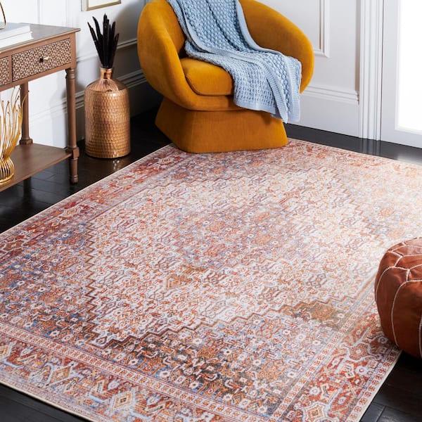 Tucson Beige/Rust 6 ft. x 6 ft. Machine Washable Floral Border Distressed Geometric Square Area Rug