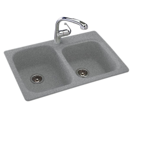 Swan Drop-In/Undermount Solid Surface 33 in. 1-Hole 55/45 Double Bowl Kitchen Sink in Gray Granite