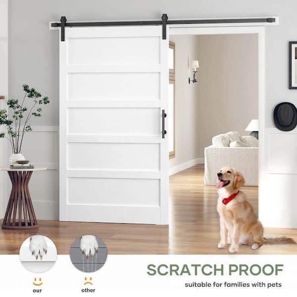 48 in. x 96 in. 5-Panel Solid MDF White Finished Interior Sliding Barn Door with Hardware Kit