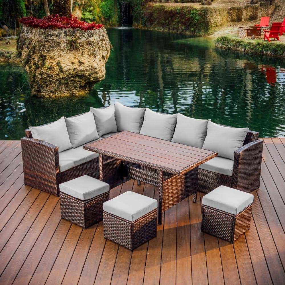 Brown Wicker 7-Piece Outdoor Dining Set with Off-White Cushions