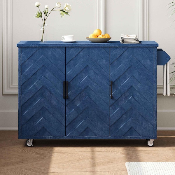 Rolling Blue Drop Leaf Wood Top 51 in. Kitchen Island Cart with Internal Storage Racks, Soft-Close Hinge, 4 Wheels