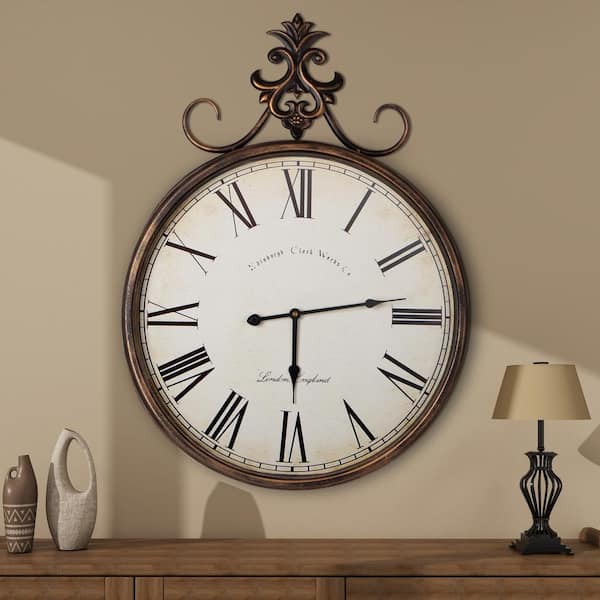 THKSHOUZ Vintage Brown 23.6 in. W x 31.5 in. H Fancy Round Metal Wall Clock with Exquisite Handmade Design and Roman Numerals