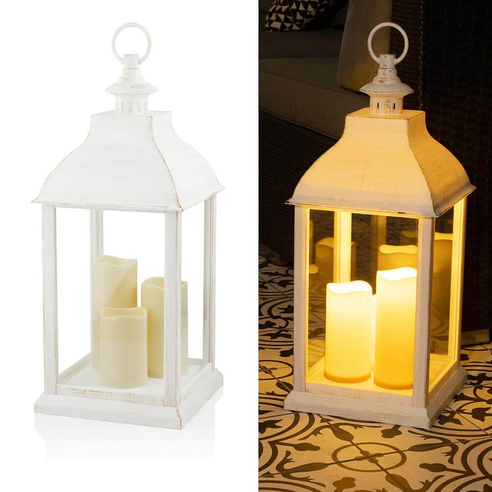 22" White Plastic LED Flameless Candle Lantern