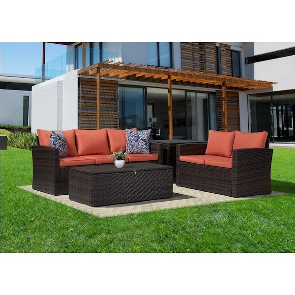 EDYO LIVING 5-Piece Wicker Patio Conversation Furniture Set with Orange Cushions