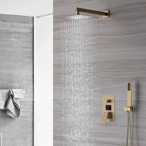 1-Spray Patterns with 2.5 GPM 10 in. Wall Mount Dual Shower Heads with Digital Display in Brushed Gold