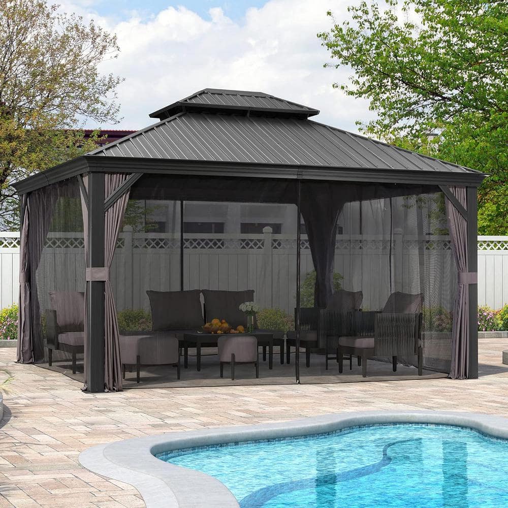 12' x 14' Gray Aluminum and Steel Hardtop Gazebo with Curtains