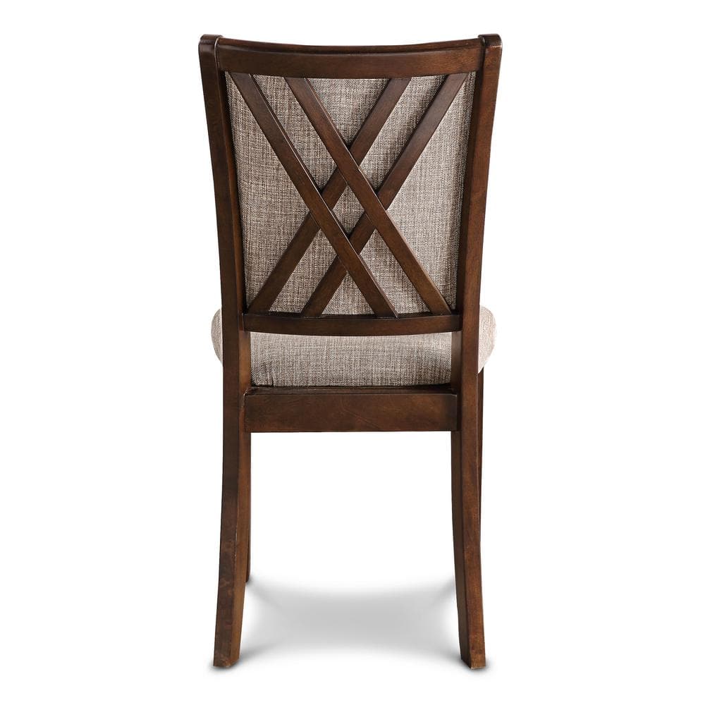 Cherry Wood Round Dining Table Set with Gray Upholstered Chairs