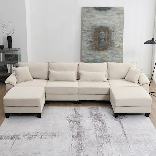 sumyeg 133 in. U-Shaped Corduroy Sectional Sofa in. Beige with Armrest Bags