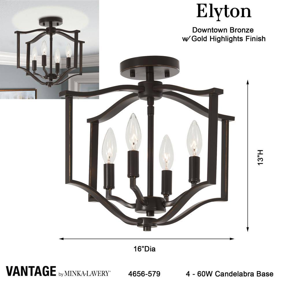 Downton Bronze Gold 4-Light Semi-Flush Mount with Seeded Glass