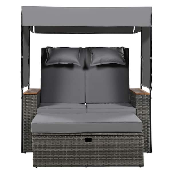 HomeAura Gray Wicker Outdoor Day Bed with Gray Cushions and Pillows