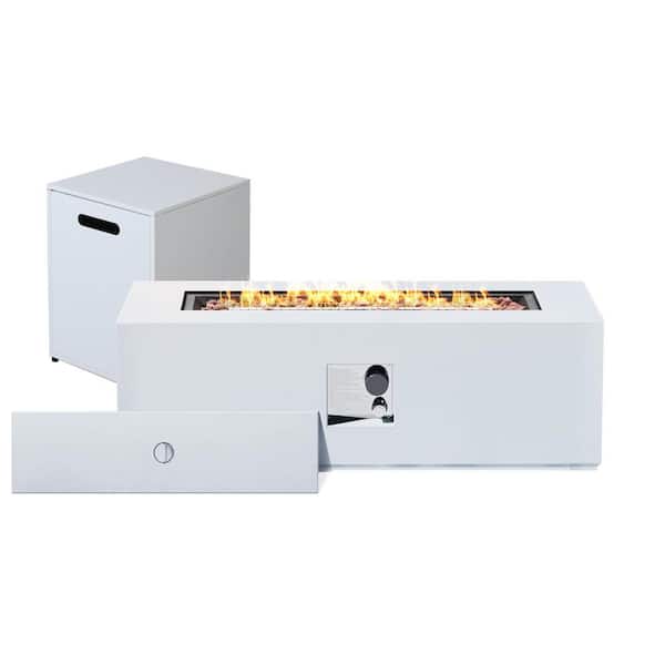 42 in. Rectangular Iron Outdoor White Fire Pit Table with Propane Tank Cover