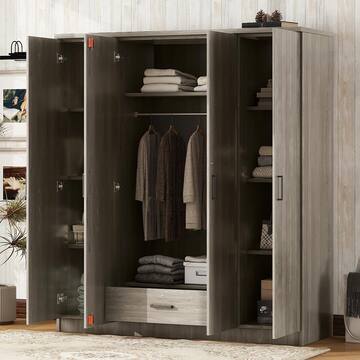 Gray Wood 59.2 in. 4-Door Wardrobe Armoires with Hanging Rod, Locking Drawer and Storage Shelves