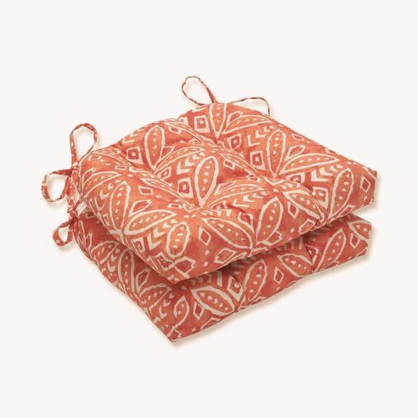 Pillow Perfect 16 in. x 15.5 in. Outdoor Dining Chair Cushion in Orange/Ivory (Set of 2)