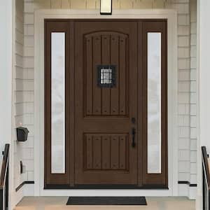 Regency 64 in. x 96 in. 2P Plank Cavalier Speakeasy LHIS Hickory Stain Fiberglass Prehung Front Door w/Dbl 12in. Rain SL