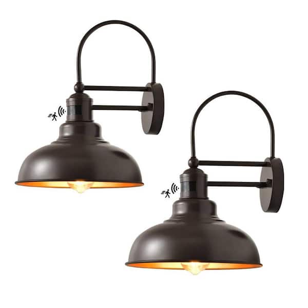 HKMGT 15.7 in. Gooseneck CaramelandGold Motion Sensing Outdoor Hardwired Wall Barn Light Scone with No Bulbs Included (2-Pack)