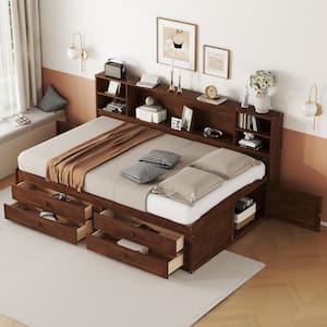 Antique Brown Wood Frame Full Size Platform Bed with Built-in Storage Shelves, 4 Drawers and 2 Cabinets