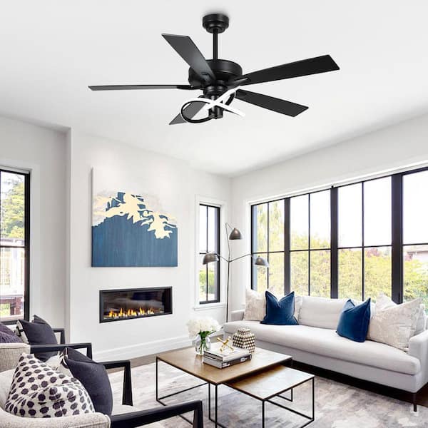 52 in. Indoor Integrated LED Matte Black Ceiling Fan with Light and Remote Control