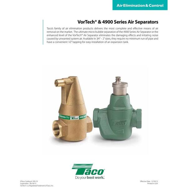 Taco Air Separator 4900 Series 50psi 240 F Automatic Model 49-075c-2 Brass for sale online 