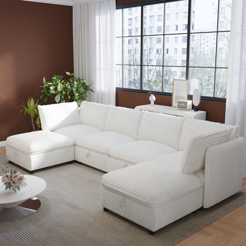 Modern 125 in. 6-Piece Corduroy Modular Sectional Sofa with Storage and 2 Ottomans in White