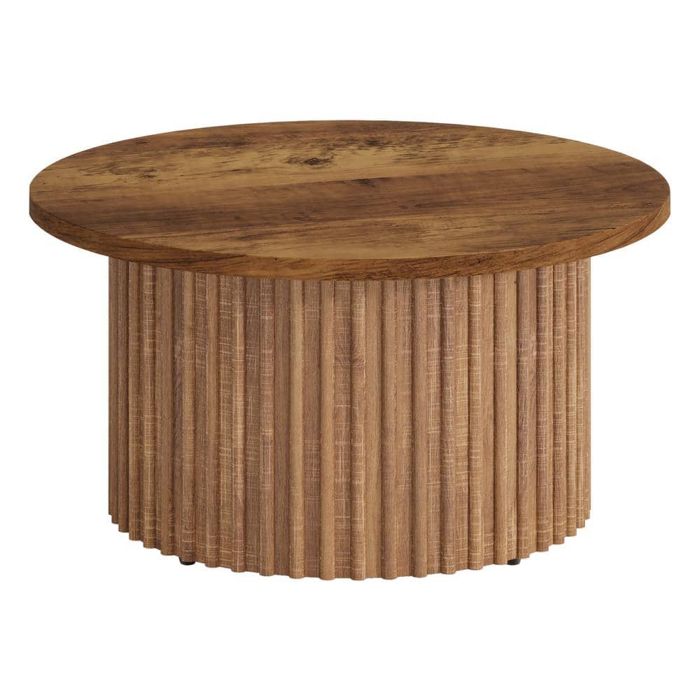 Allan 31.5 in. Brown Round Wood Coffee Table with Metal Base, Modern Accent Center Table Sofa Side Table for Living Room