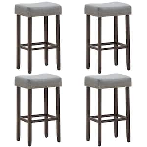 29 in. Gray Backless Nailhead Saddle Bar Stools Height with Fabric Seat and Wood Legs (Set of 4)