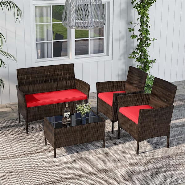 4-Piece Metal Rattan Patio Conversation Set with Red Cushions