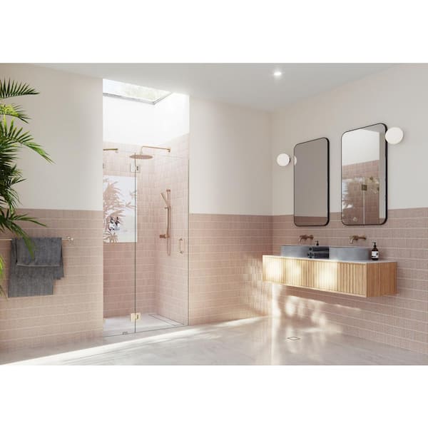 Glass Warehouse Halo 36.25 in. W x 78 in. H Glass Hinged Frameless Shower Door in Brushed Bronze with Clear Glass